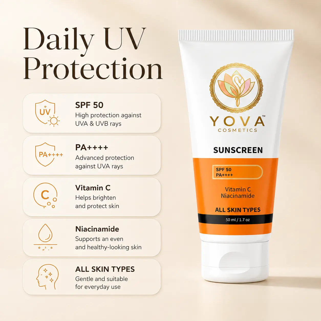 Yova Glow Sunscreen SPF 50 PA++++ (50 ml)